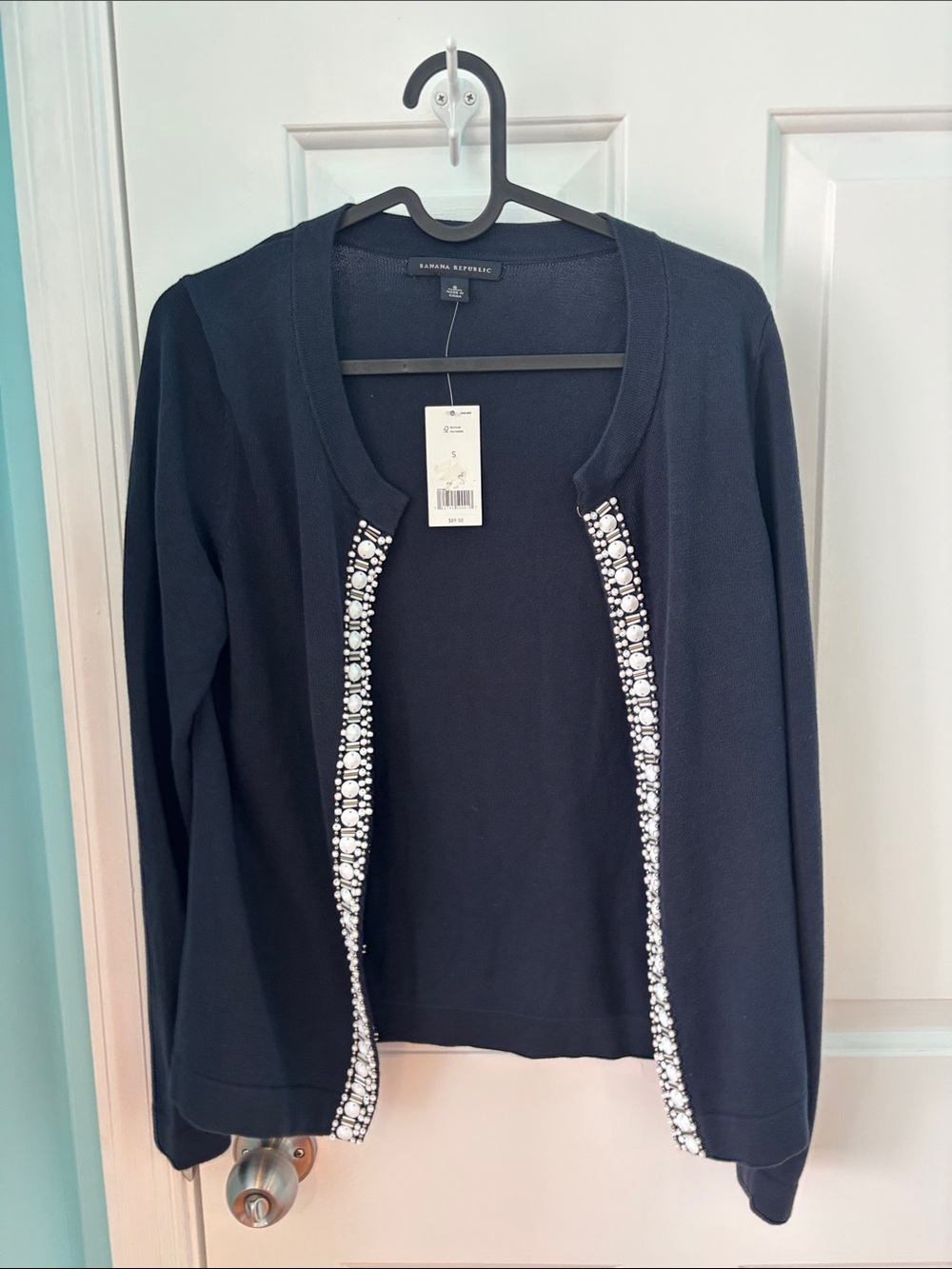 Banana Republic Navy Open-Front Cardigan with Beaded Trim